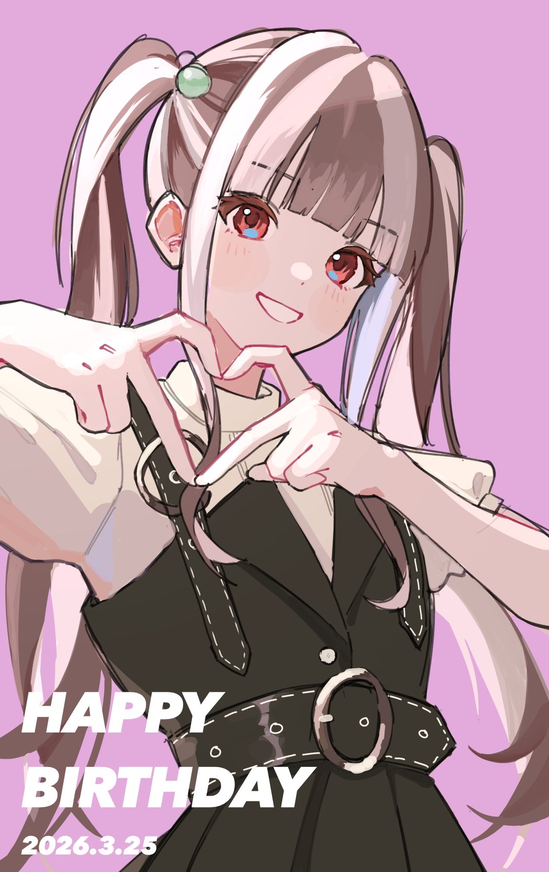 1girl, bang_dream!, belt, black_hair, four-finger_heart_hands, happy_birthday, heart, heart_hands