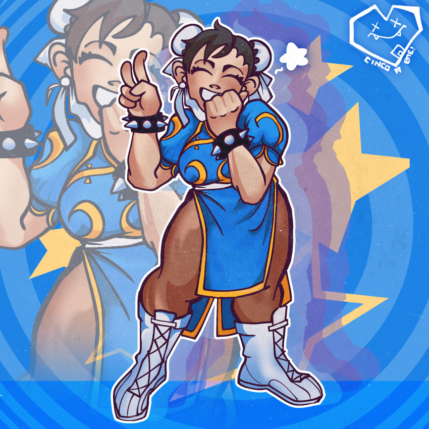bracelet, brown_pantyhose, china_dress, chinese_clothes, chun-li, cinco_a_eme, double_bun, dress