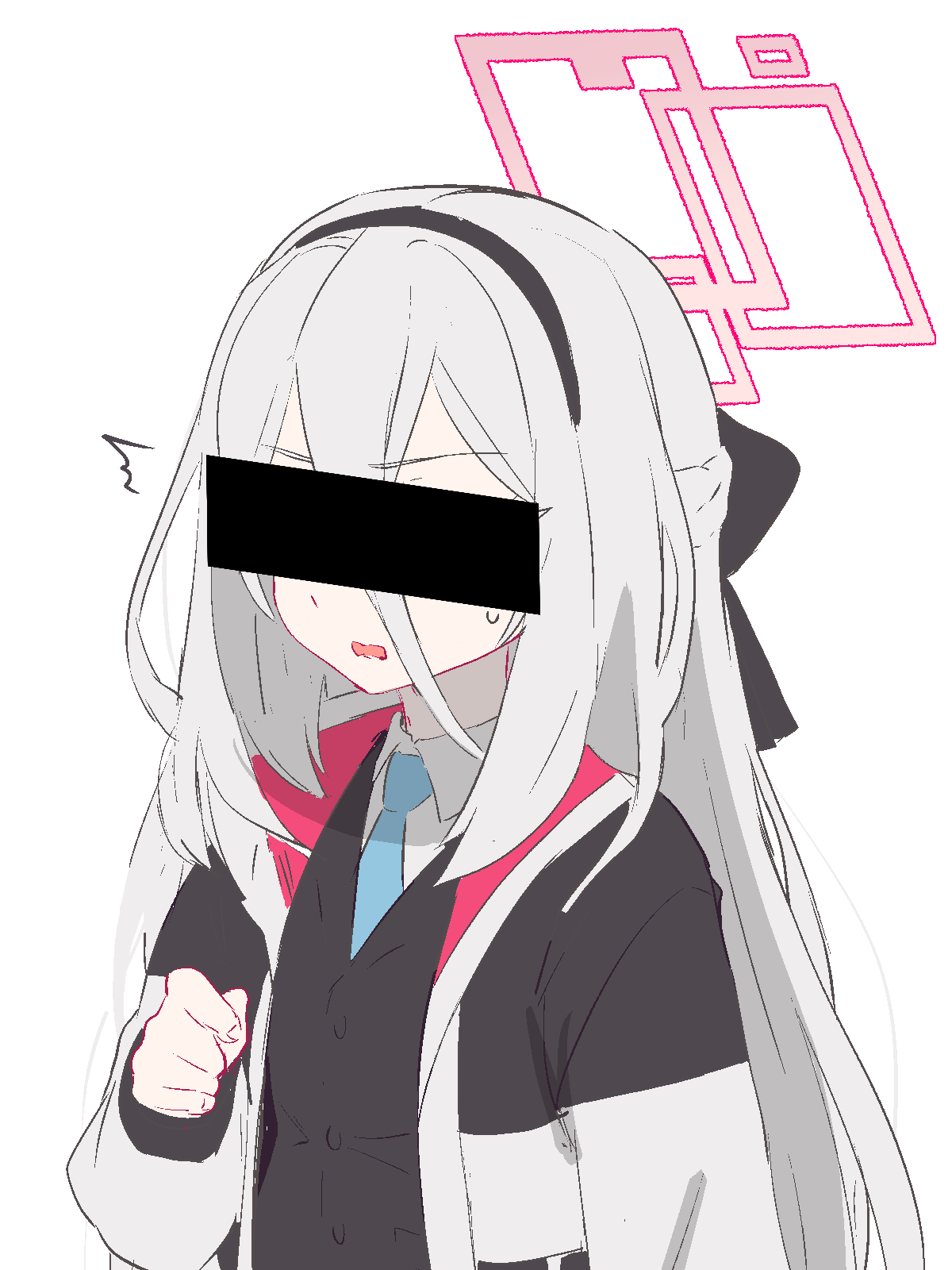 1girl, ^^^, backscratcher777, bar_censor, black_hairband, black_jacket, blue_archive, blue_necktie