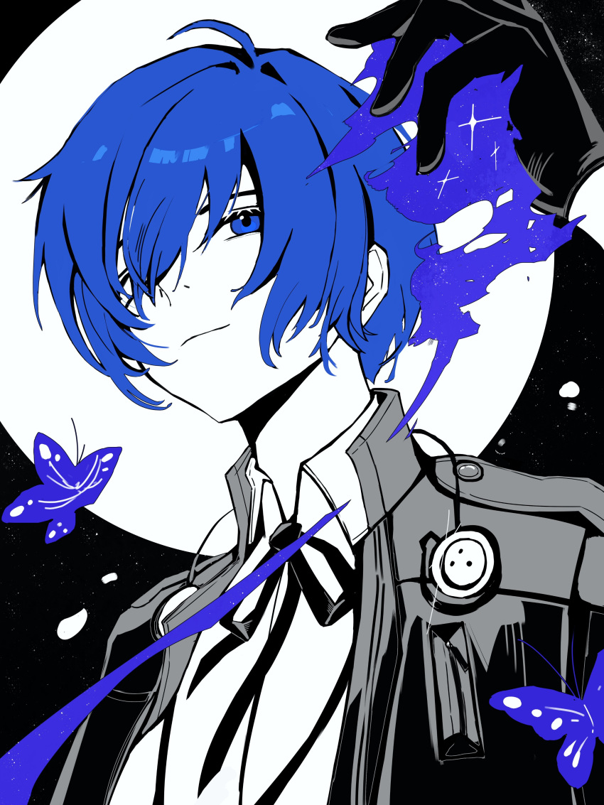 1216767974xue, 1boy, absurdres, arm_up, blue_eyes, blue_hair, bug, butterfly
