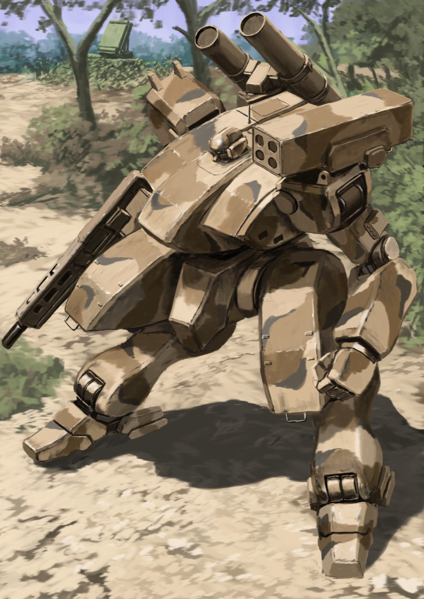 bush, camouflage, commentary_request, desert_camouflage, full_body, gun, highres, holding, holding_gun, holding_weapon, mecha, military, military_vehicle, missile_pod, multiple_launch_rocket_system, no_humans, original, outdoors, reverse-jointed_legs, rifle, robot, science_fiction, tree, tyokugekidato, weapon