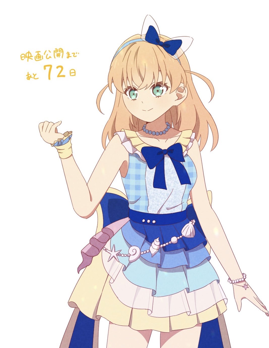 1girl, aqua_eyes, bead_bracelet, beads, blue_bow, blue_dress, blue_hairband, bow, bow_hairband, bracelet, closed_mouth, commentary_request, countdown, cowboy_shot, dolphin_beach_(love_live!), dress, dress_bow, hair_bow, hairband, highres, hinoshita_kaho, jewelry, link!_like!_love_live!, love_live!, makki_do, medium_hair, orange_hair, simple_background, sleeveless, sleeveless_dress, smile, solo, translation_request, two_side_up, virtual_youtuber, white_background