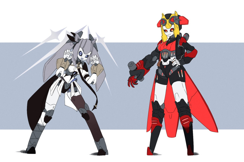 2girls, :d, black_sclera, blonde_hair, blue_eyes, claw_pose, closed_mouth, colored_sclera