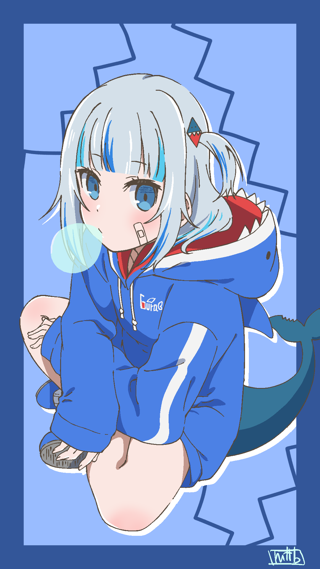 1girl, bandaid, bandaid_on_cheek, bandaid_on_face, bare_legs, blowing_bubble_gum, blue_eyes, blue_hair