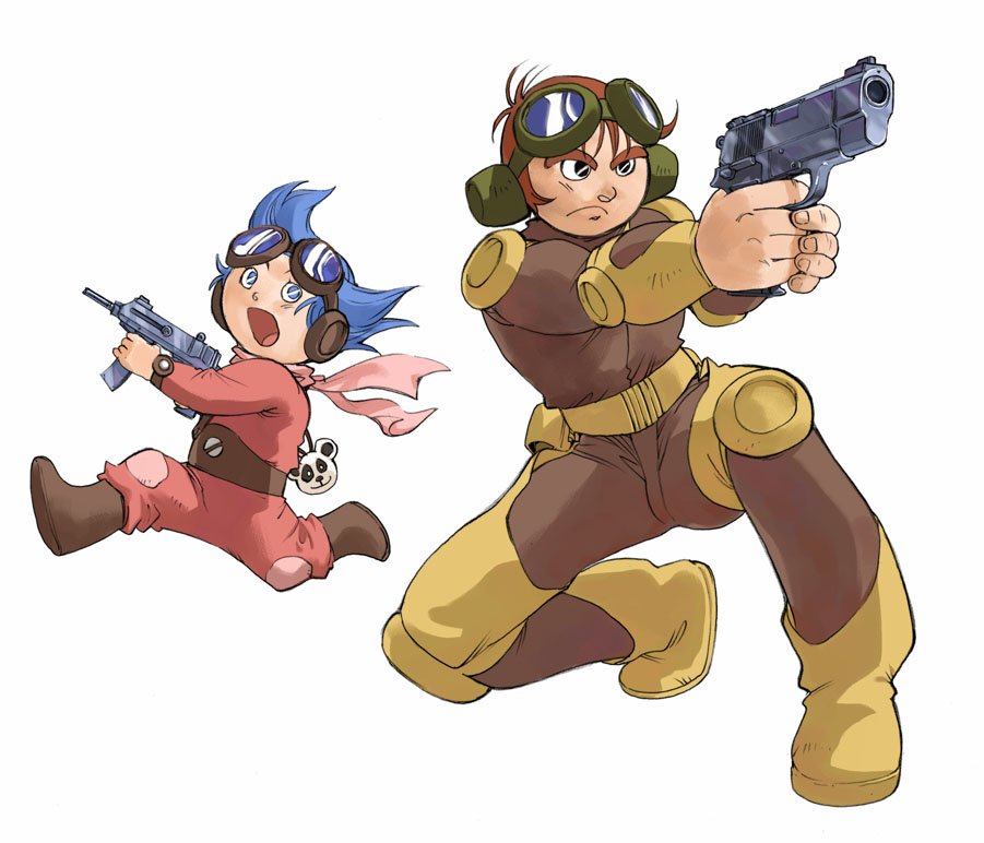 1980s_(style), 1boy, 1girl, aiming, blue_eyes, blue_hair, bodysuit, brown_eyes, brown_hair, browning_hi-power, charm_(object), chill_(xabungle), commentary_request, faux_retro_artstyle, goggles, goggles_on_head, gun, handgun, jiron_amos, kneeling, panda, pink_scarf, power_suit, retro_artstyle, running, saitani_umetarou, scarf, sentou_mecha_xabungle, size_difference, skorpion_vz._61, submachine_gun, weapon, white_background
