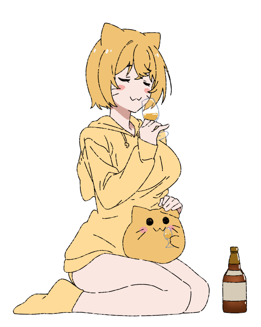 1girl, animal_ears, blob_(google), blobcat, bob_cut, bottle, breasts, cat_ears