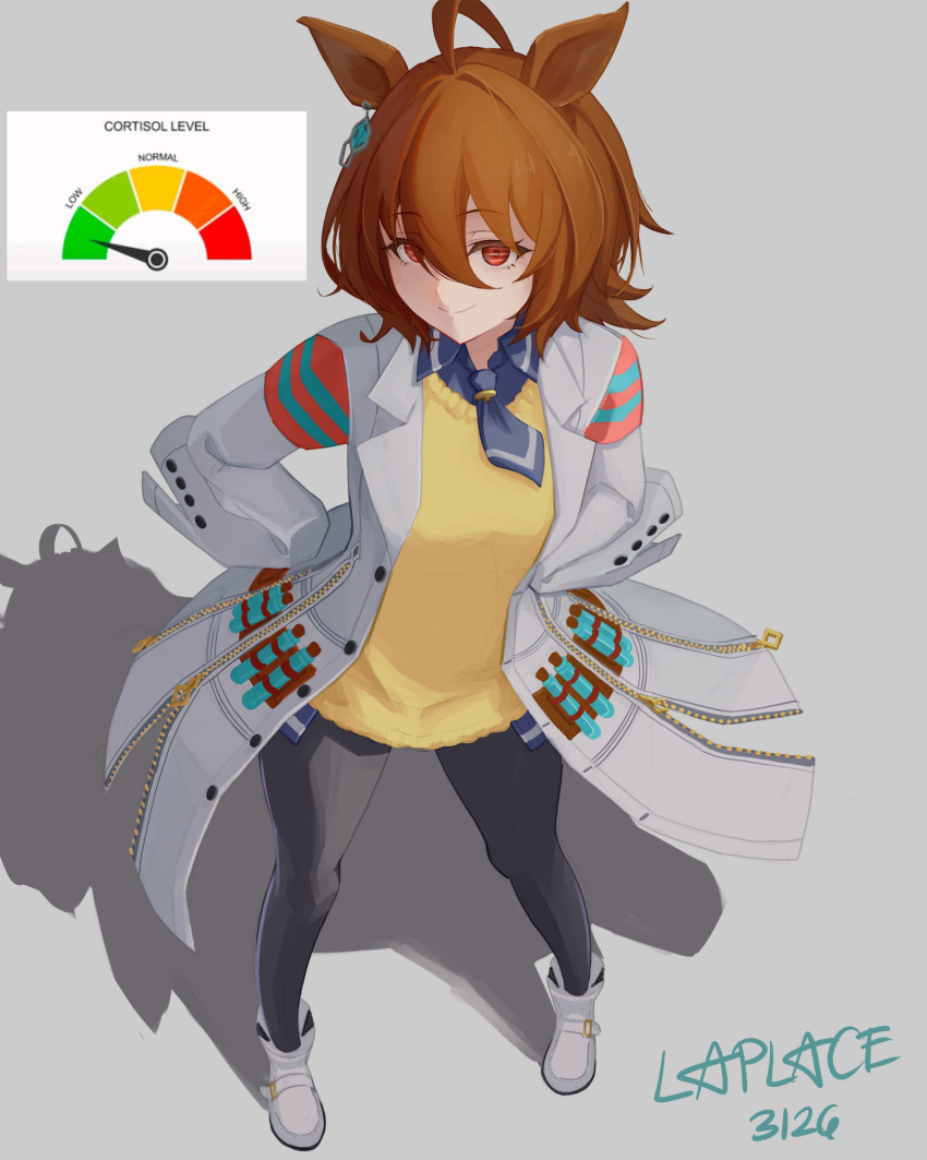 1girl, agnes_tachyon_(tach-nology)_(umamusume), agnes_tachyon_(umamusume), animal_ears, black_pantyhose, blue_necktie, blue_shirt, boots, brown_hair, closed_mouth, collared_shirt, commentary, cortisol_level_(meme), hair_between_eyes, hands_on_own_hips, highres, horse_ears, horse_girl, lab_coat, laplace_arts, looking_at_viewer, meme, necktie, pantyhose, red_eyes, shirt, short_hair, sleeves_past_fingers, sleeves_past_wrists, smile, solo, sweater, umamusume, untranslatable_commentary, white_boots, wolf_cut, yellow_sweater