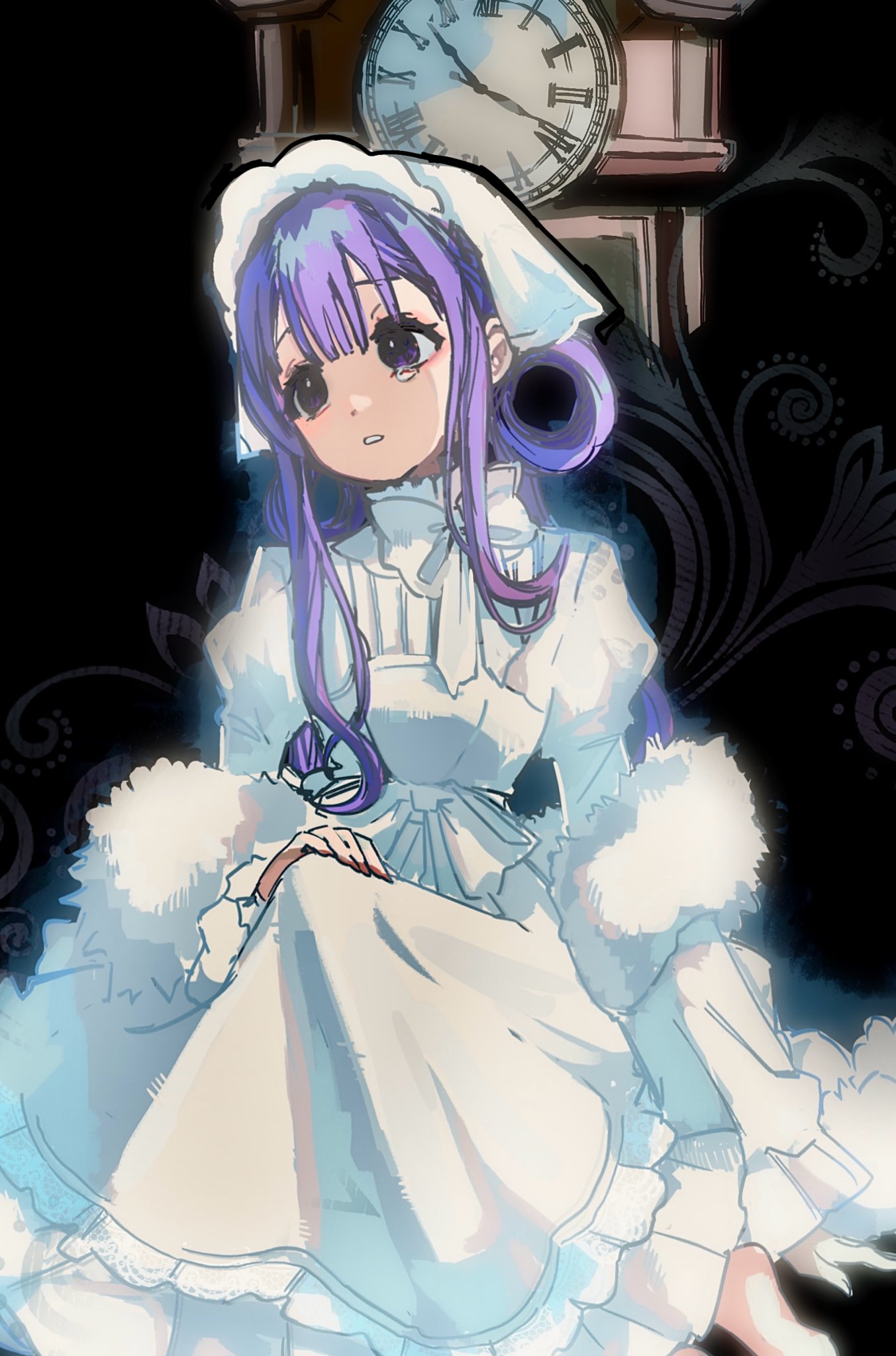 1girl, akane_aoi, apron, black_background, bow, bowtie, center-flap_bangs, clock