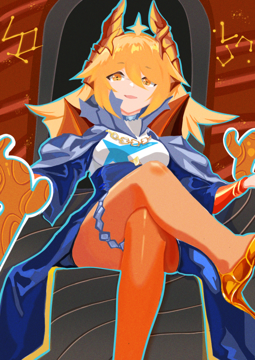 1girl, blonde_hair, choker, cloak, constellation, crossed_legs, garter_belt, high_heels