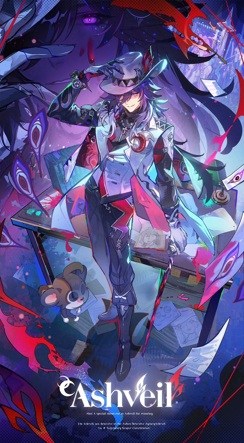 1boy, absurdres, ashveil_(honkai:_star_rail), black_hair, blood, blood_stain, cane, crescent