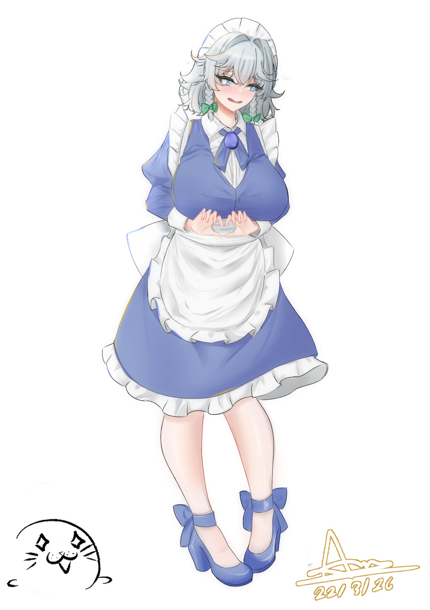 1girl, absurdres, apron, blush, bow, braid, breasts, dated, grey_hair, hair_bow, heart, heart_hands, highres, izayoi_sakuya, large_breasts, lazyseal, maid, maid_apron, maid_headdress, seal_(animal), signature, touhou, twin_braids, waist_apron, white_background