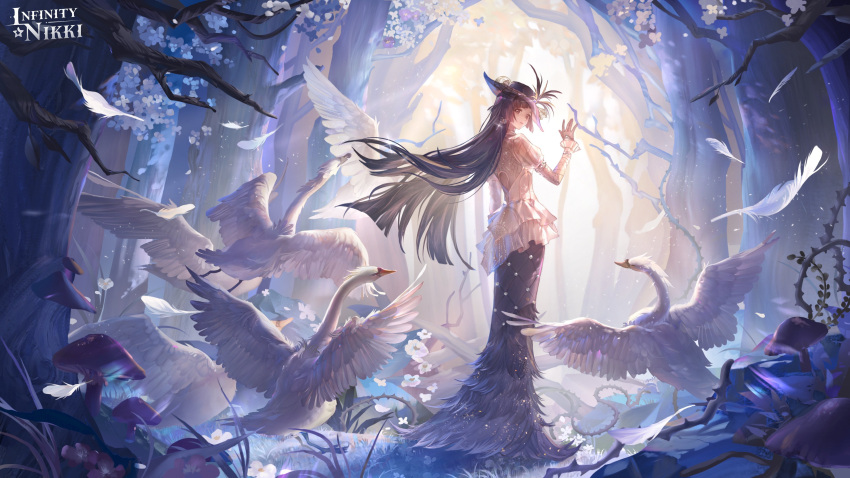 1girl, absurdres, artist_request, back_cutout, bird, black_hat, black_skirt, blunt_bangs
