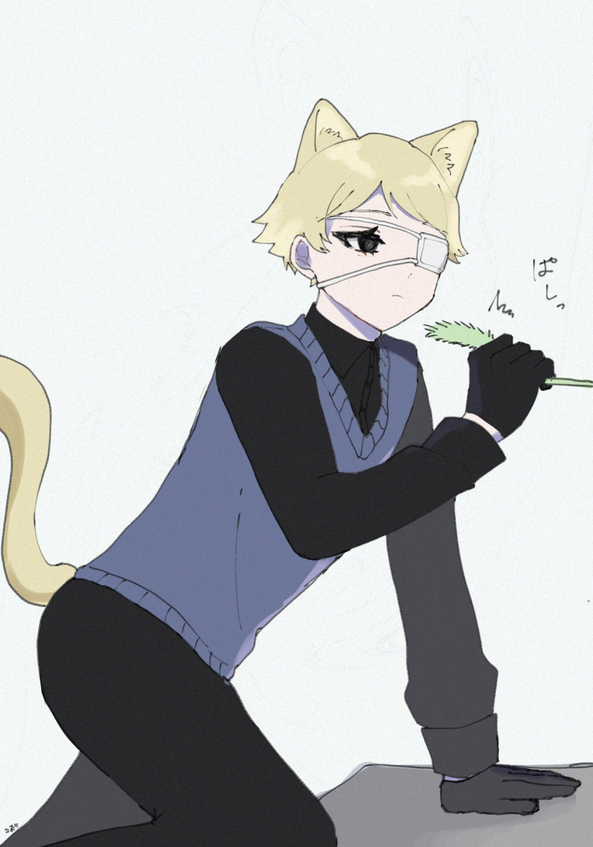 1boy, black_eyes, black_gloves, black_pants, black_shirt, blonde_hair, blue_sweater_vest, cat_boy