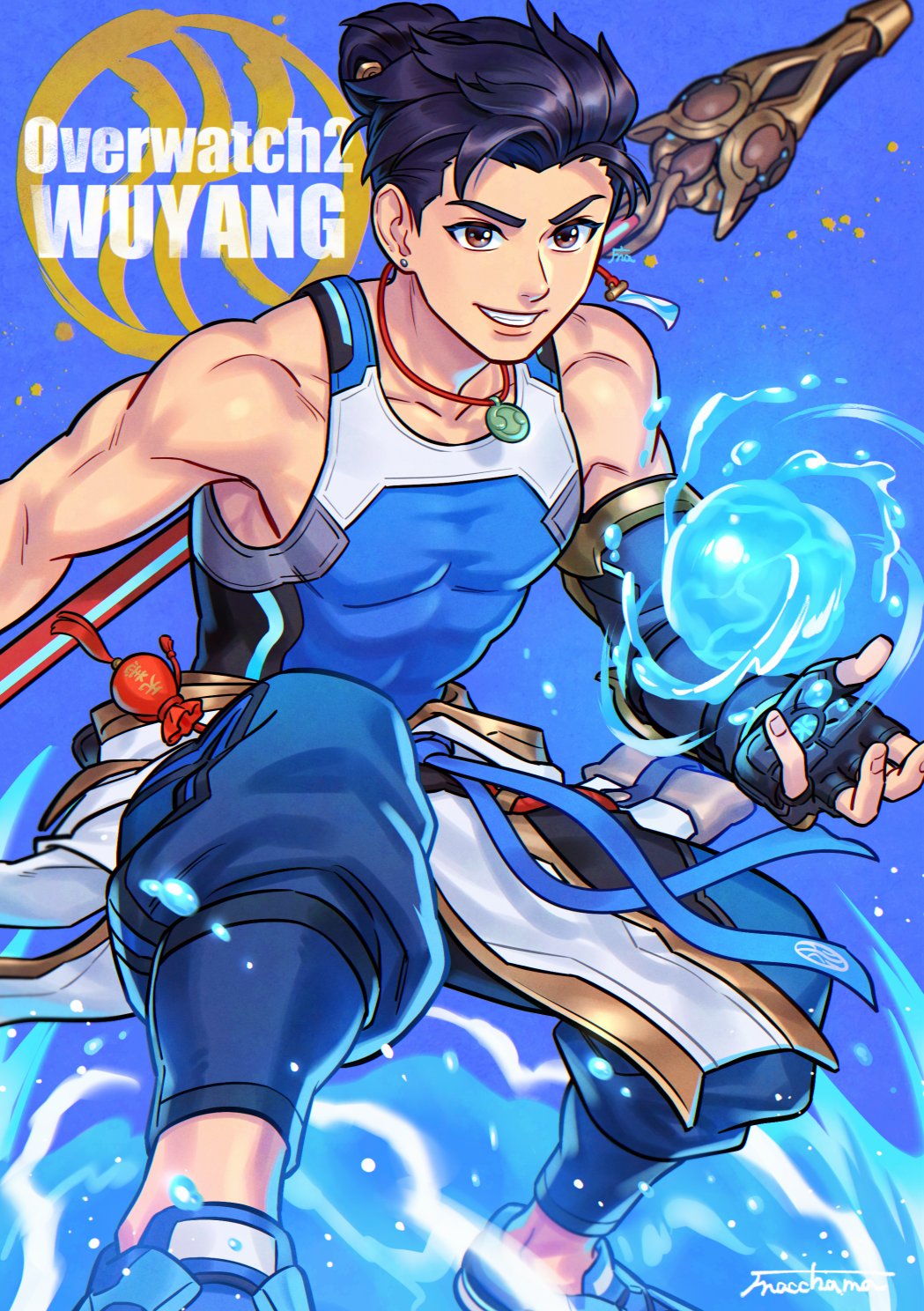 1boy, asymmetrical_gloves, bare_shoulders, belt, black_hair, black_pants, blue_belt, blue_shoes, blue_tank_top, bodysuit, brown_eyes, character_name, clothes_around_waist, collarbone, covered_abs, covered_pectorals, dynamic_pose, earrings, elbow_gloves, fighting_stance, fingerless_gloves, gloves, hair_bun, highres, holding, holding_behind_back, holding_polearm, holding_weapon, holding_weapon_behind_back, hydrokinesis, jade_(gemstone), jewelry, looking_at_viewer, macchama674, necklace, overwatch, pants, pectorals, pelvic_curtain, pendant, polearm, rectangular_earrings, shoelaces, shoes, sidepec, single_earring, single_elbow_glove, sleeveless, sleeveless_bodysuit, sneakers, tank_top, tight_clothes, toned, toned_male, topknot, uneven_gloves, water, weapon, wuyang_(overwatch), yaopei