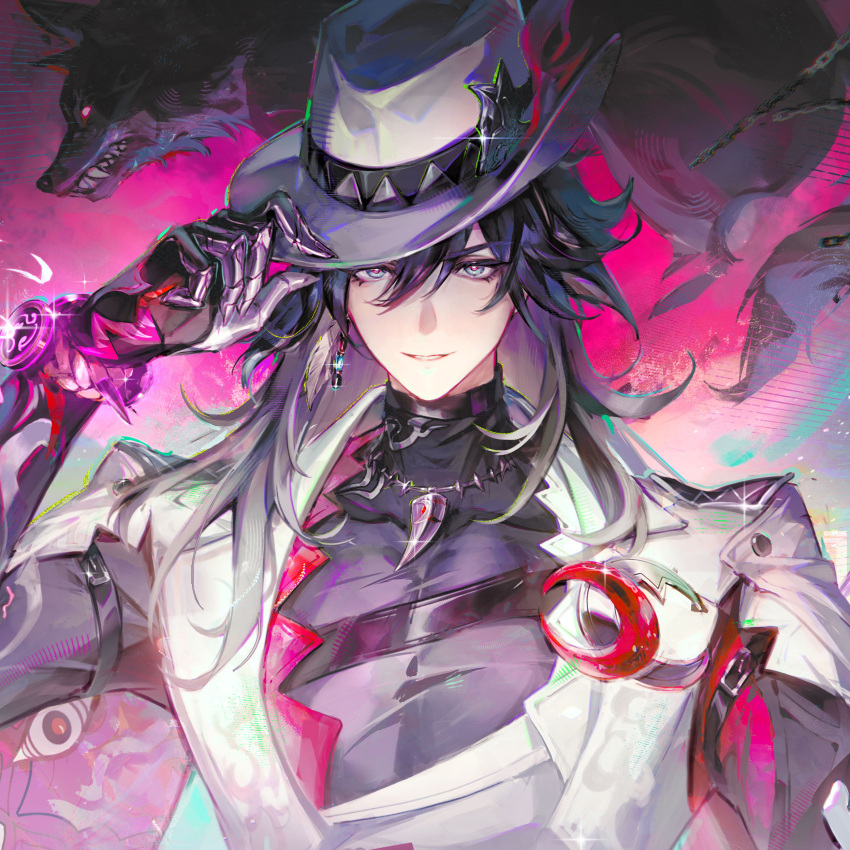 1boy, absurdres, arm_belt, ashveil_(honkai:_star_rail), black_pants, black_shirt, commentary, fedora