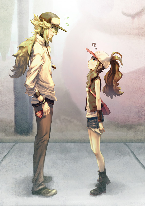 bag, baseball_cap, blue_eyes, brown_hair, denim, denim_shorts, face, green_eyes, green_hair, hat, height_difference, kitsunen_(kitune_n), kitunen, long_hair, n_(pokemon), pokemon, pokemon_(game), pokemon_black_and_white, pokemon_bw, ponytail, shorts, shy, size_difference, touko_(pokemon), tympole, vest