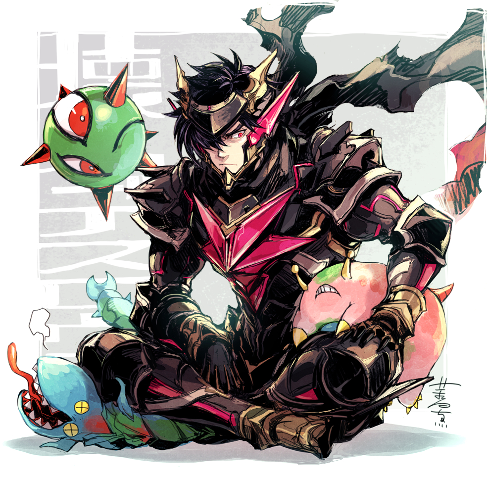 1boy, 3others, alien, armor, black_hair, commentary_request, gloves, granblue_fantasy