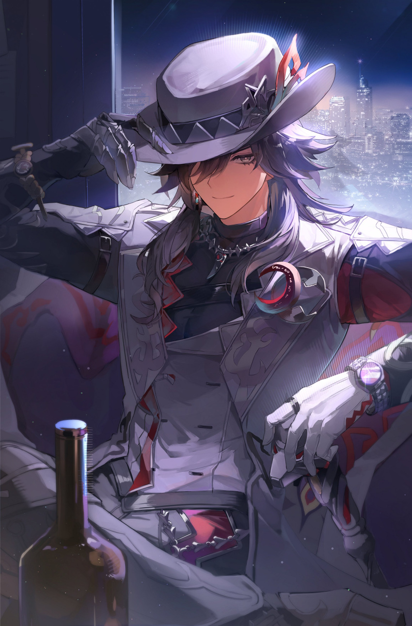 1boy, absurdres, ashveil_(honkai:_star_rail), black_pants, black_shirt, bottle, cane, city, commentary, crescent, crescent_pin, fedora, gloves, gradient_hair, hand_on_own_hat, hat, hat_feather, highres, holding, holding_cane, honkai:_star_rail, honkai_(series), jacket, jewelry, lael_(eve_lael13), lapel_pin, long_sleeves, looking_at_viewer, male_focus, mechanical_arms, multicolored_hair, necklace, pants, shirt, single_glove, sitting, solo, tooth_necklace, turtleneck, untranslatable_commentary, white_gloves, white_hair, white_hat, white_jacket, window, wine_bottle