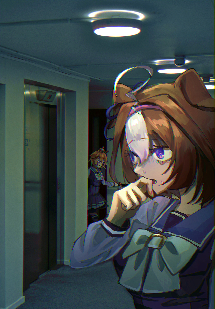 2girls, @_@, absurdres, ahoge, animal_ears, bow, bowtie, breasts