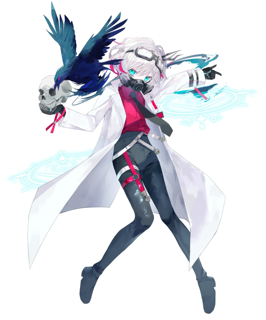 1girl, bird, black_gloves, black_necktie, black_shoes, blue_eyes, commentary, croma_mhach, crow, full_body, gas_mask, gloves, goggles, goggles_on_head, highres, holding, holding_skull, horns, index_finger_raised, lab_coat, magic_circle, mask, multicolored_hair, necktie, pants, red_shirt, sephie_(shadowverse), shadowverse, shirt, shoes, short_hair, skull, streaked_hair, thigh_strap, tight_clothes, tight_pants, untranslatable_commentary, white_hair