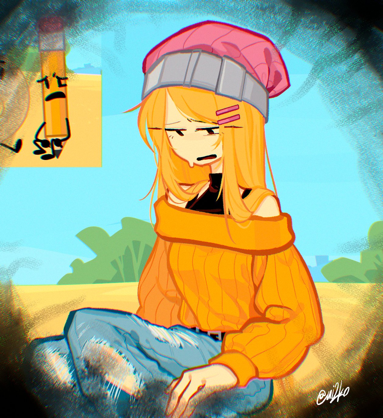 1girl, bare_shoulders, battle_for_dream_island, beanie, belt, black_belt, black_eyes, black_shirt