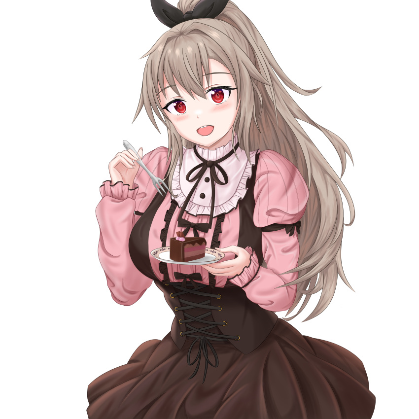 1girl, :d, absurdres, alternate_costume, arm_ribbon, black_ribbon, blush, breasts