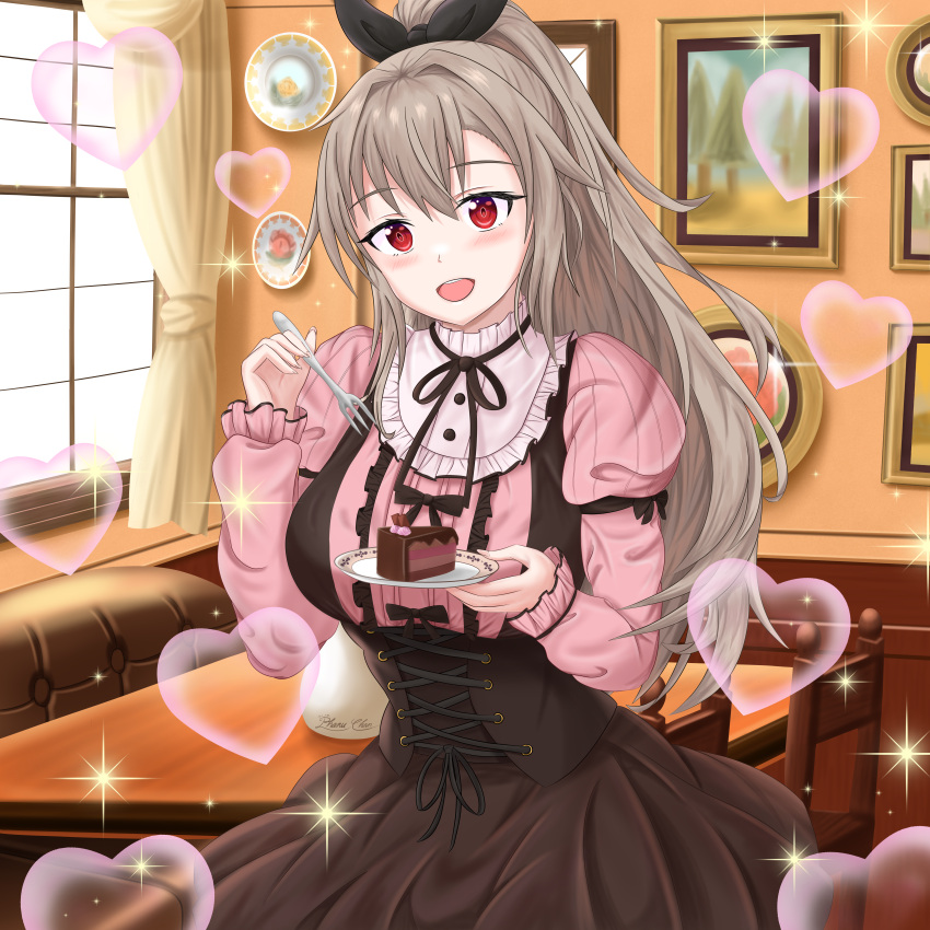 1girl, :d, absurdres, alternate_costume, arm_ribbon, black_ribbon, blush, breasts