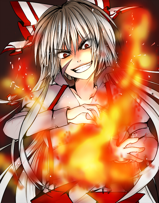 fire, fujiwara_no_mokou, hair_ribbon, ifuji_sakura, pyrokinesis, red_eyes, ribbon, silver_hair