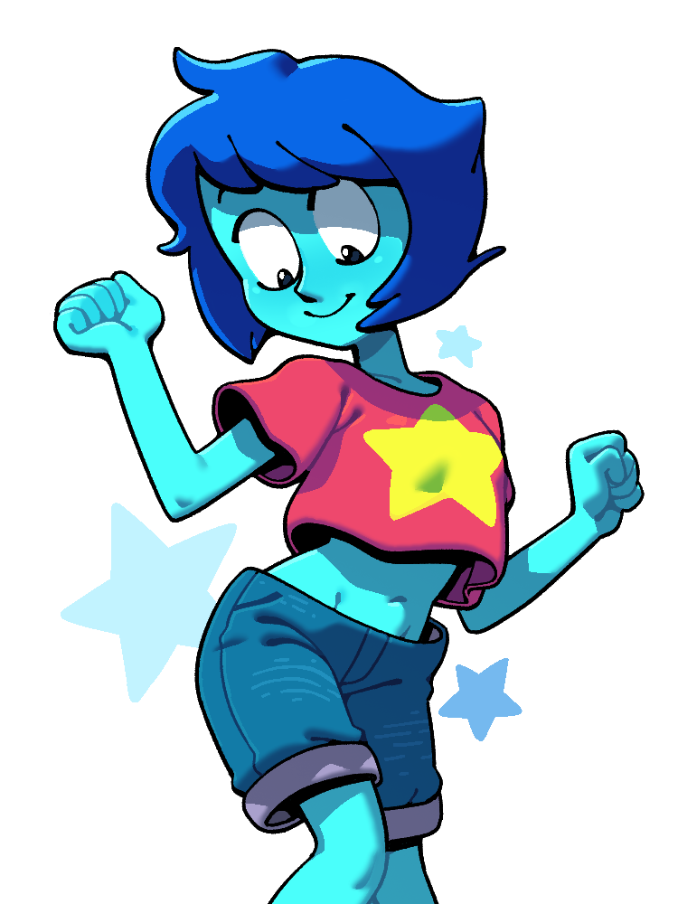 1girl, alternate_costume, baggy_clothes, blue_hair, blue_skin, clenched_hand, closed_mouth, colored_skin