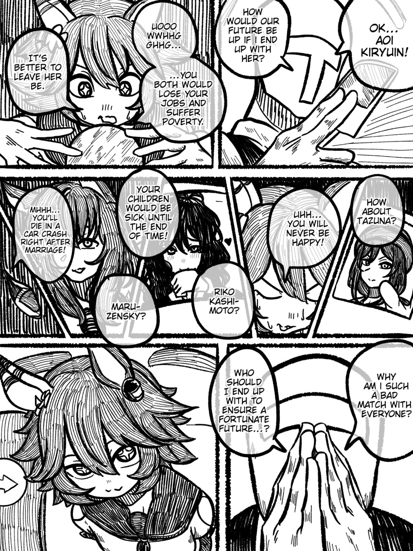 +_+, 1boy, 5girls, :3, animal_ears, arms_behind_back, closed_eyes, closed_mouth, ear_covers, greyscale, hair_between_eyes, hat, hayakawa_tazuna, highres, horse_ears, horse_girl, kashimoto_riko, kiryuin_aoi, leaning_forward, long_hair, maruzensky_(umamusume), matikanefukukitaru_(rising_fortune)_(umamusume), matikanefukukitaru_(umamusume), monochrome, multiple_girls, own_hands_together, sailor_collar, shirt, short_hair, single_ear_cover, t-head_trainer_(umamusume), trainer_(umamusume), twovust, umamusume