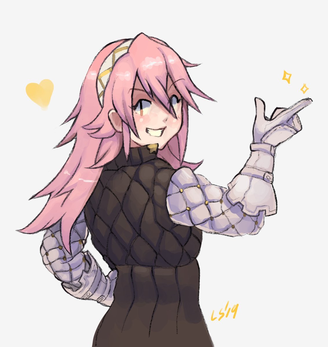 1girl, :d, commentary, english_commentary, fire_emblem, fire_emblem_fates, gambeson, gloves