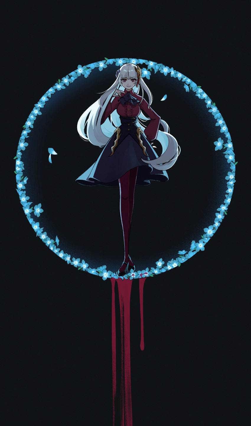 1girl, ascot, belt, black_ascot, black_skirt, blood, blue_flower, collared_shirt
