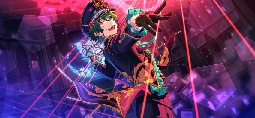 1boy, blue_eyes, ensemble_stars!, frilled_sleeves, frills, from_side, game_cg, gears