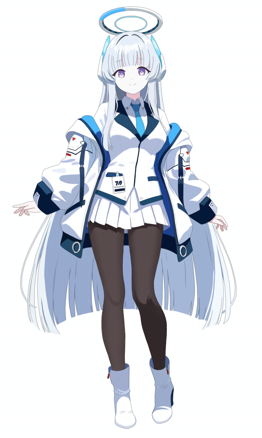 1girl, absurdres, black_pantyhose, blue_archive, blue_necktie, book, boots, collared_shirt
