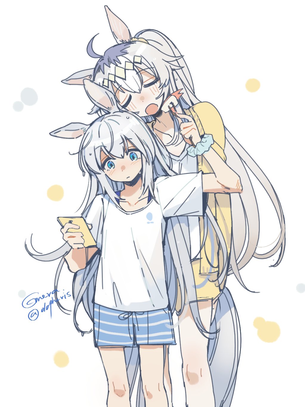 2girls, ahoge, animal_ears, apple, blue_eyes, blue_shorts, blush, cardigan, cellphone, closed_eyes, closed_mouth, collarbone, ear_ornament, feeding, food, fork, fruit, grey_hair, grey_tail, hair_between_eyes, hair_ornament, hairband, highres, holding, holding_fork, holding_phone, horse_ears, horse_girl, horse_tail, long_hair, long_sleeves, multicolored_hair, multiple_girls, oguri_cap_(umamusume), olopheris, open_mouth, phone, shirt, short_sleeves, shorts, smartphone, tail, tamamo_cross_(umamusume), umamusume, white_shirt, yellow_cardigan, yellow_shorts