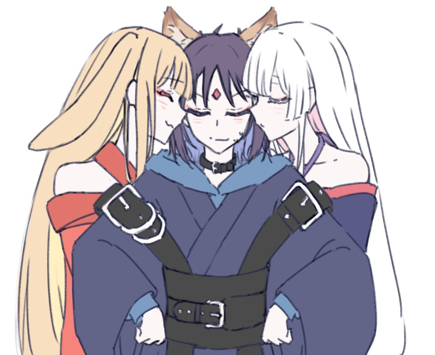 3girls, animal_ears, blonde_hair, blush, cho_kaguya-hime!, closed_eyes, closed_mouth, facial_mark