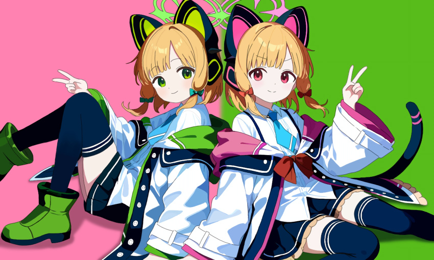 2girls, animal_ear_headphones, animal_ears, aqua_bow, aqua_necktie, black_shoes, black_shorts, black_skirt