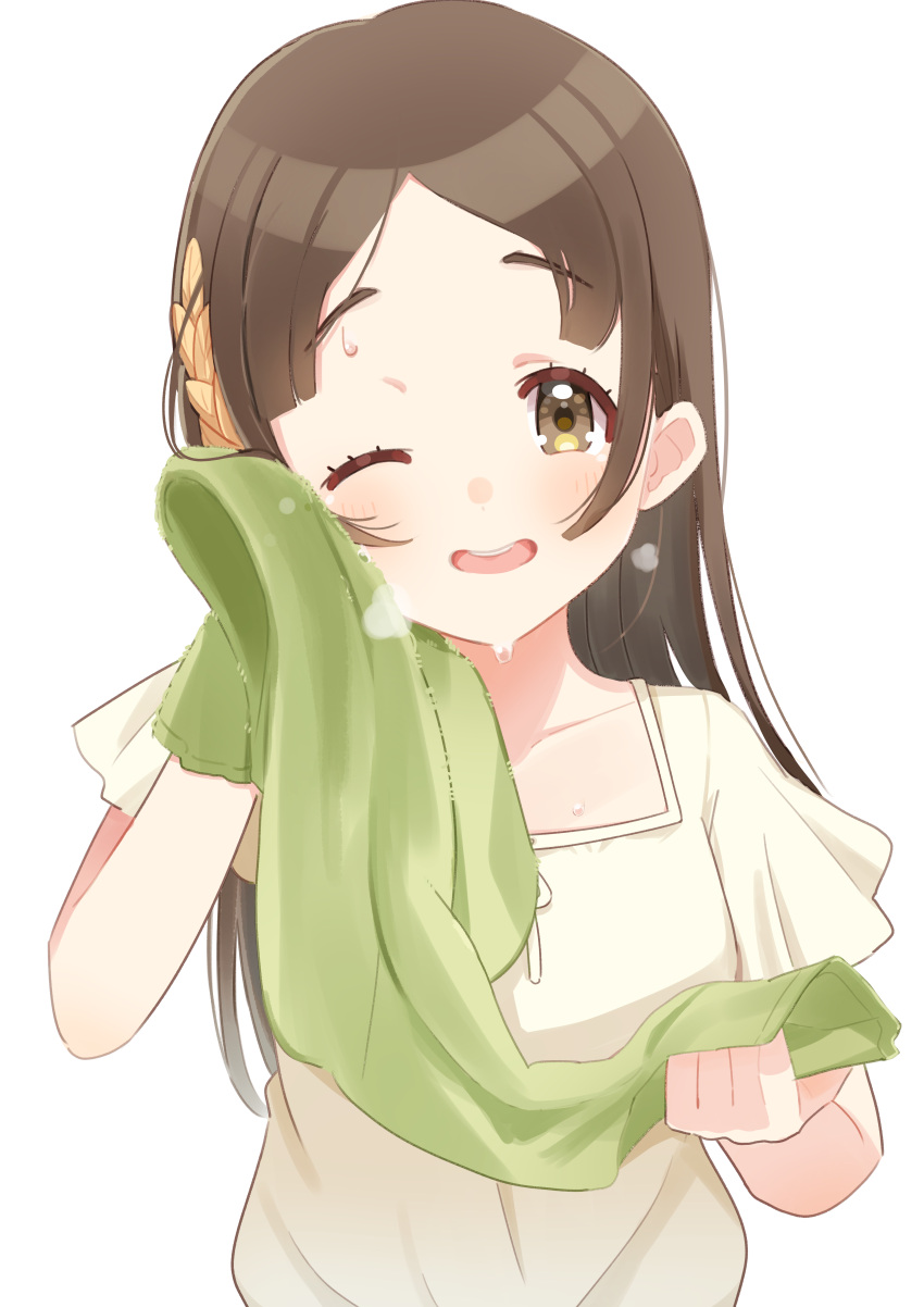 1girl, absurdres, blush, brown_eyes, brown_hair, collarbone, commentary_request, drying, gakuen_idolmaster, hair_ornament, highres, holding, holding_towel, idolmaster, kuramoto_china, laurels, leaf_hair_ornament, long_hair, looking_at_viewer, nohirome, one_eye_closed, open_mouth, parted_bangs, shirt, short_sleeves, simple_background, smile, solo, towel, upper_body, wet, white_background, white_shirt