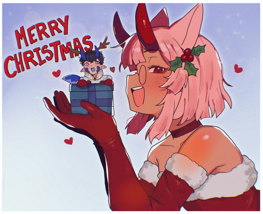1boy, 1girl, :d, animal_ears, bare_shoulders, black_hair, blue_horns, blue_scales, blue_tail, blunt_bangs, blunt_ends, box, cat_ears, cat_girl, choker, christmas, commentary, elbow_gloves, english_commentary, from_side, fur-trimmed_gloves, fur_trim, gift, gift_box, glasses, gloves, hair_between_horns, hands_up, heart, highres, holding, holding_box, horns, in_box, in_container, merry_christmas, mini_person, miniboy, mistletoe, mistletoe_hair_ornament, oni, oniiyanna, open_mouth, original, pink_hair, pointy_ears, red_choker, red_eyes, red_gloves, red_horns, round_eyewear, ryoma_onishi_(oniiyanna), santa_costume, short_hair, smile, upper_body, violet_eyes, yat'cha_(oniiyanna)