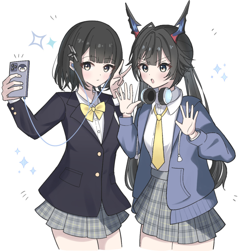 2girls, :o, alternate_costume, arknights, arknights:_endfield, black_hair, black_jacket, blazer