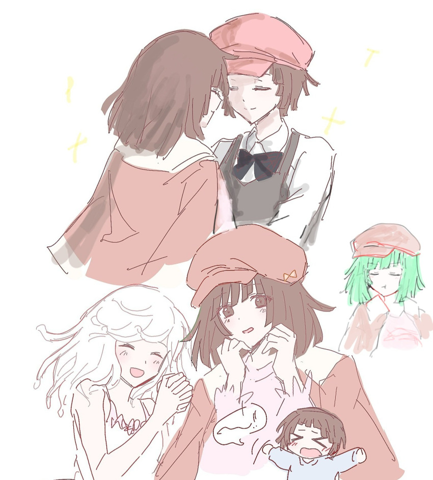black_bow, black_bowtie, bow, bowtie, brown_hair, god_nadeko, green_hair, hat, highres, jacket, long_sleeves, meek_nadeko, monogatari_(series), newsboy_cap, sengoku_nadeko, sengoku_nadeko_(mangaka), shirt, w1sd8396453, white_background, white_hair
