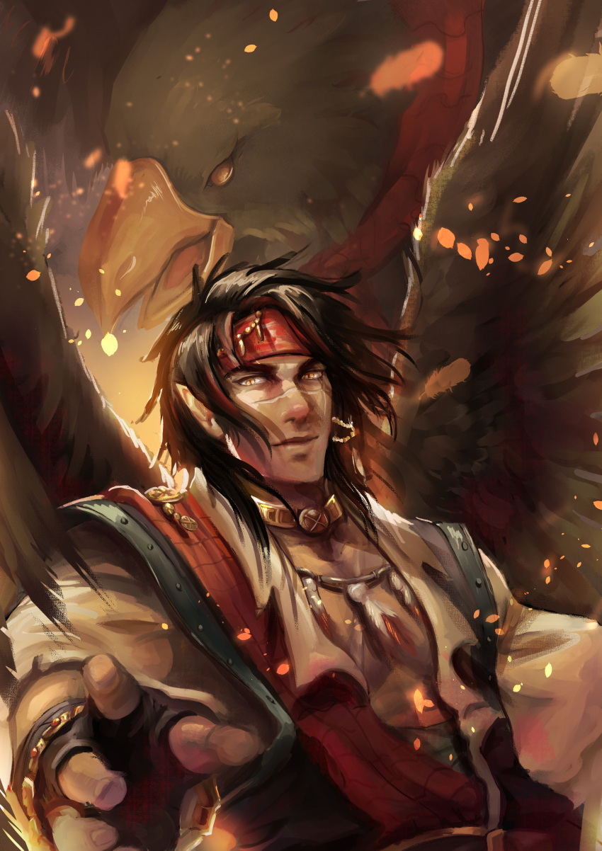 1boy, absurdres, black_hair, commentary, english_commentary, farronmarieart, feather_necklace, fire_emblem