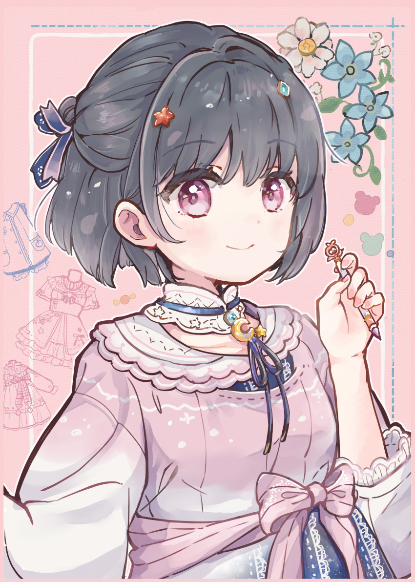 1girl, absurdres, black_hair, black_ribbon, bob_cut, bow, closed_mouth, collar