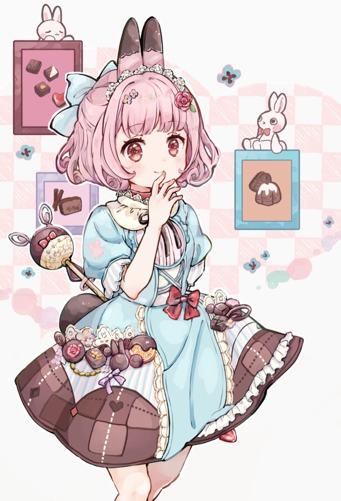 1girl, animal_ears, aqua_dress, arm_behind_back, blue_bow, bow, candy, candy_apple