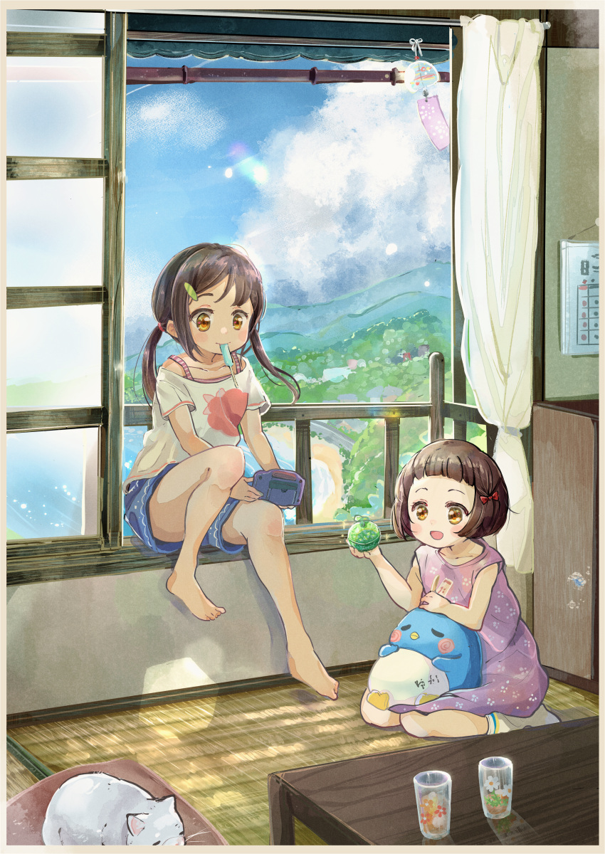 2girls, :d, absurdres, animal, balcony, barefoot, blue_shorts, blush_stickers