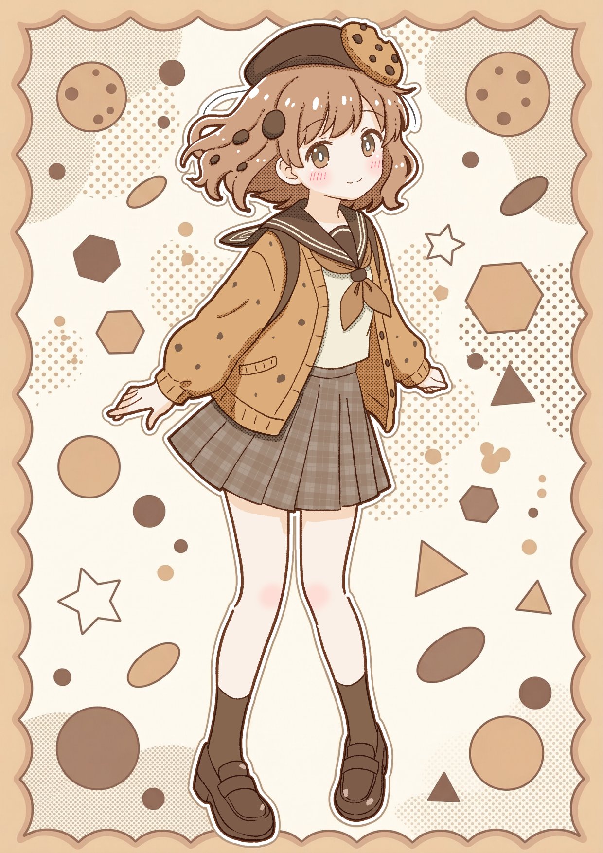 1girl, ankle_socks, beret, border, bright_pupils, brown_border, brown_cardigan, brown_eyes, brown_hair, brown_hat, brown_neckerchief, brown_sailor_collar, brown_shoes, brown_skirt, brown_socks, brown_theme, buttons, cardigan, chocolate_chip, chocolate_chip_cookie, closed_mouth, commentary_request, cookie, cookie_hat_ornament, fluffy_hair, food, halftone, hat, hexagon, highres, hijiki_(higiki_2nd), knee_blush, loafers, long_sleeves, looking_at_viewer, miniskirt, neckerchief, open_cardigan, open_clothes, original, outstretched_arms, pleated_skirt, sailor_collar, shirt, shoes, short_hair, skirt, smile, socks, solo, star_symbol, triangle, white_pupils, white_shirt