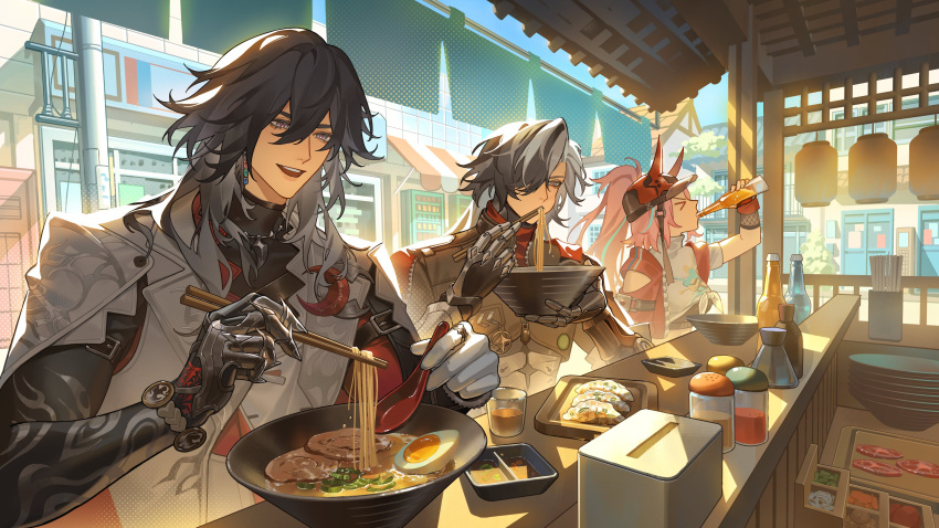 >_<, 1girl, 2boys, :d, absurdres, aqua_streaks, ashveil_(honkai:_star_rail), awning