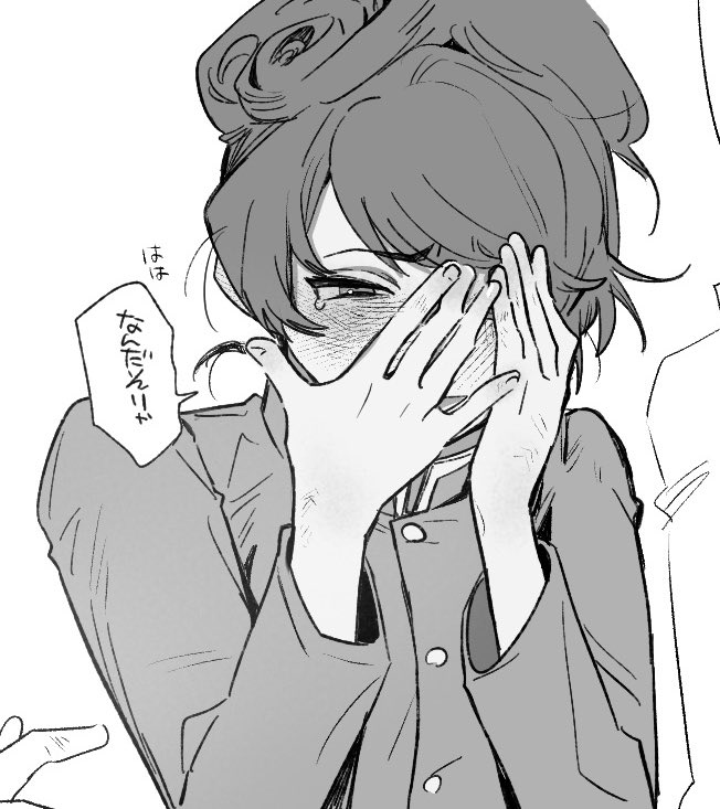 1girl, blush, buttons, chi-hatan_military_uniform, commentary_request, girls_und_panzer, greyscale, hands_up