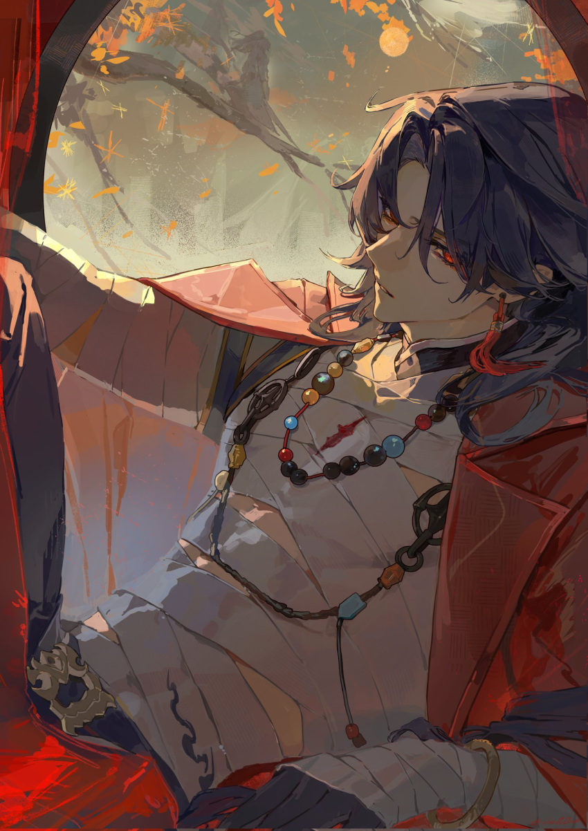 1boy, bandaged_arm, bandaged_chest, bandages, belt, belt_buckle, black_belt, black_hair