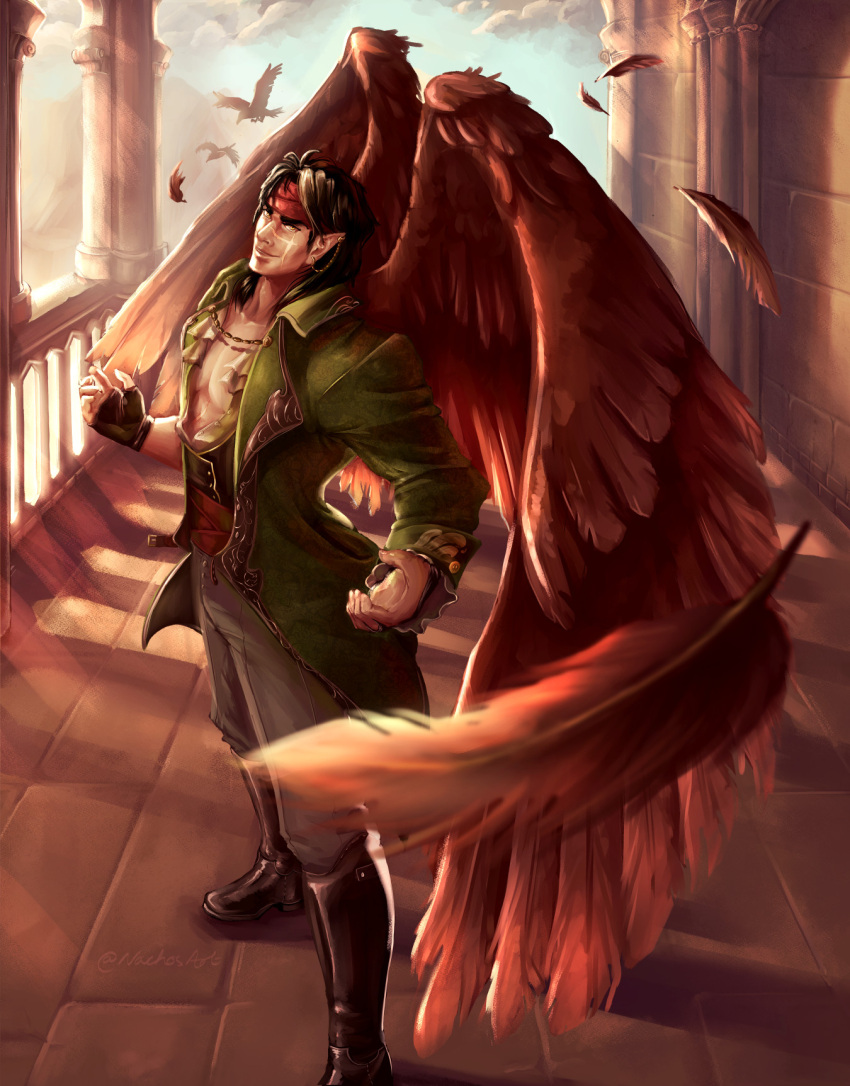 1boy, black_boots, black_hair, boots, commentary, ear_chain, english_commentary, farronmarieart